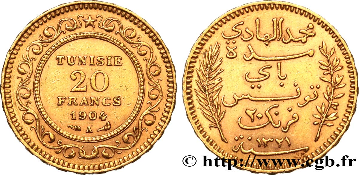 TUNISIE - PROTECTORAT FRANÇAIS 20 Francs or Bey Mohamed El Hadi AH 1321 1904 Paris TTB+ 