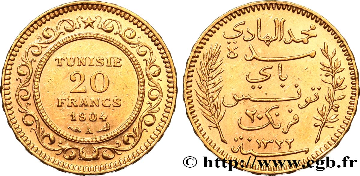 TUNISIE - PROTECTORAT FRANÇAIS 20 Francs or Bey Mohamed El Hadi AH 1322 1904 Paris SUP 