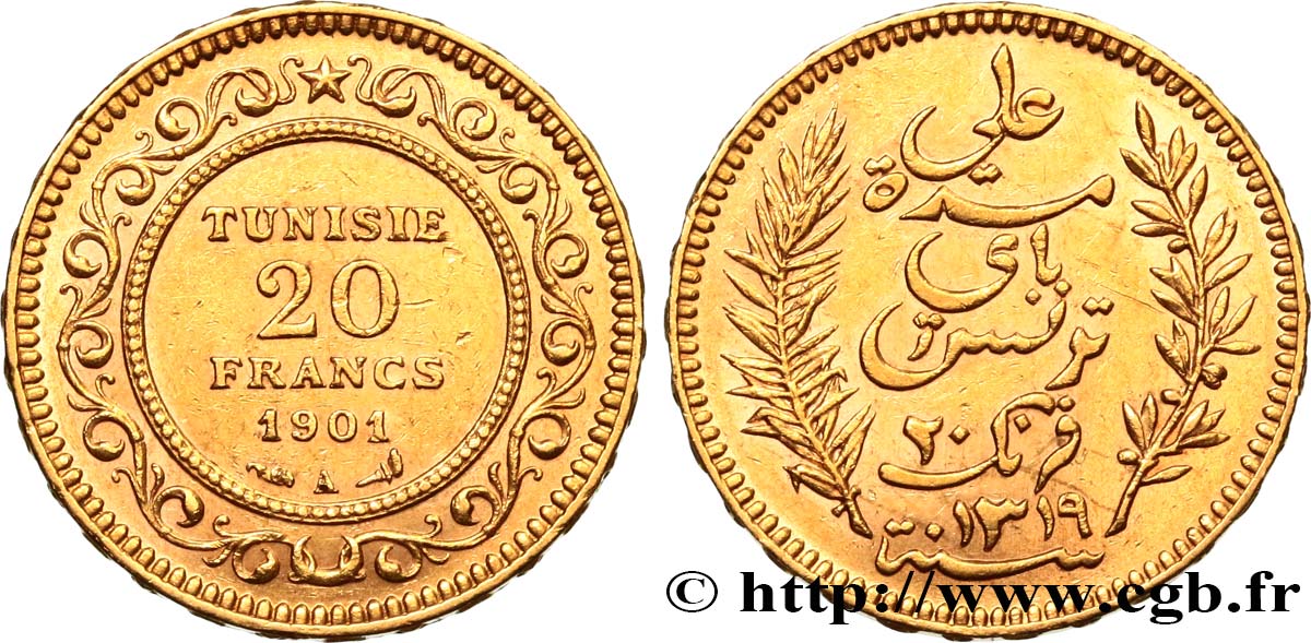 TUNEZ - Protectorado Frances 20 Francs or Bey Ali AH 1319 1901 Paris EBC 