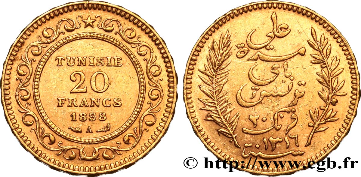 TUNISIE - PROTECTORAT FRANÇAIS 20 Francs or Bey Ali AH 1316 1898 Paris TTB+ 