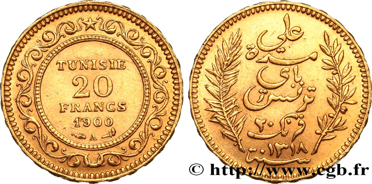 TUNISIA - French protectorate 20 Francs or Bey Ali AH 1318 1900 Paris AU 