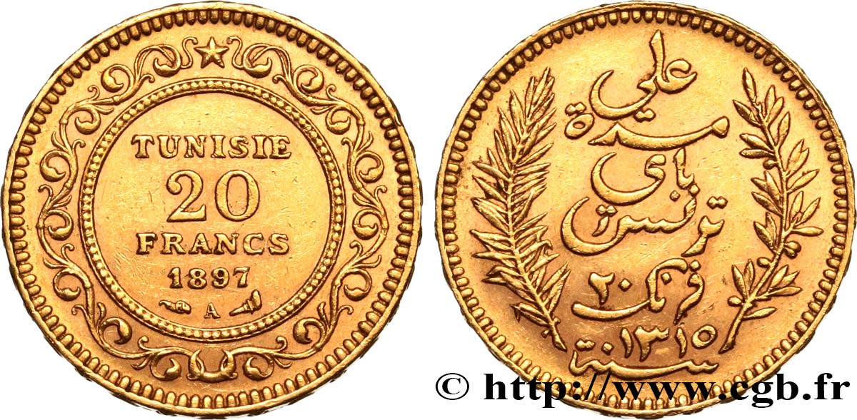 TUNEZ - Protectorado Frances 20 Francs or Bey Ali AH 1315 1897 Paris MBC+/EBC 