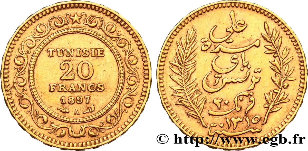TUNISIA - French protectorate 20 Francs or Bey Ali AH 1315 1897 Paris AU 