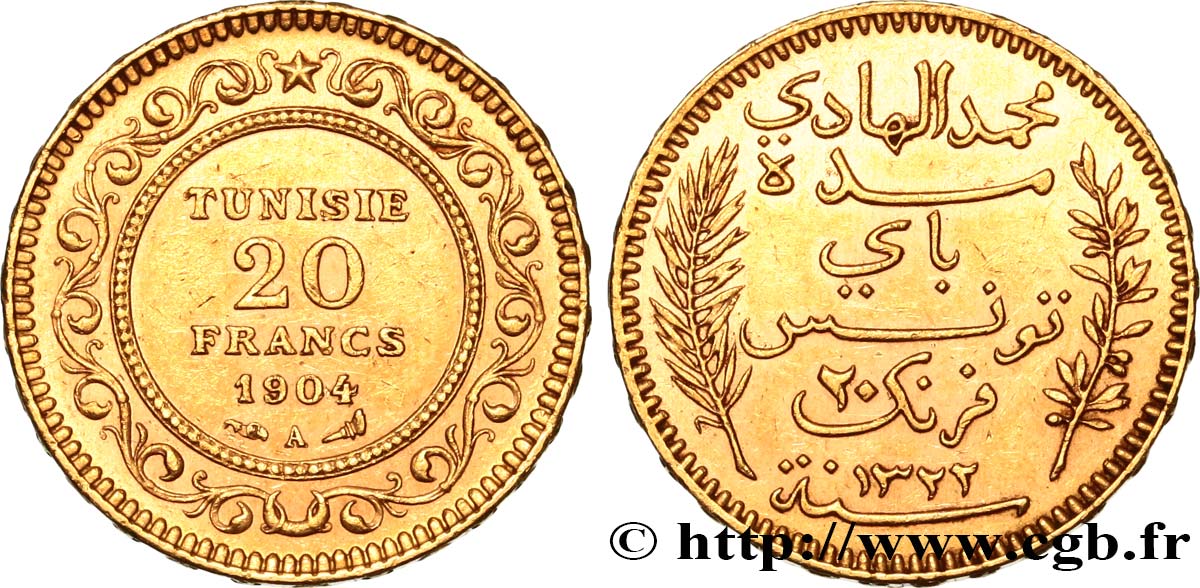 TUNISIA - French protectorate 20 Francs or Bey Mohamed El Hadi AH 1322 1904 Paris AU/MS 
