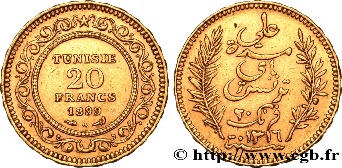 TUNEZ - Protectorado Frances 20 Francs or Bey Ali AH 1317 1899 Paris MBC+ 