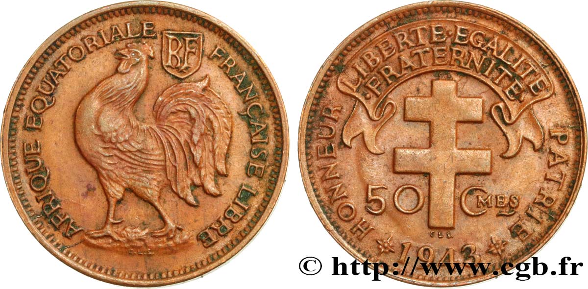 FRENCH EQUATORIAL AFRICA - FREE FRENCH FORCES 50 Centimes 1943 Prétoria AU 