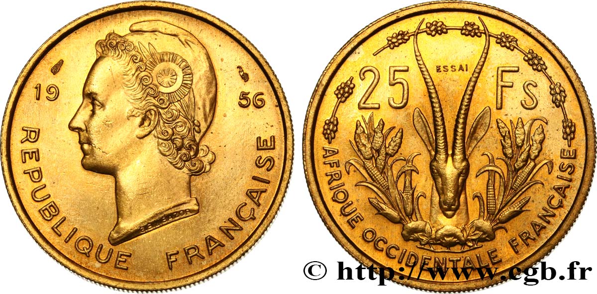 AFRIQUE OCCIDENTALE FRANÇAISE Essai de 25 Francs Marianne / antilope 1956 Paris SPL 