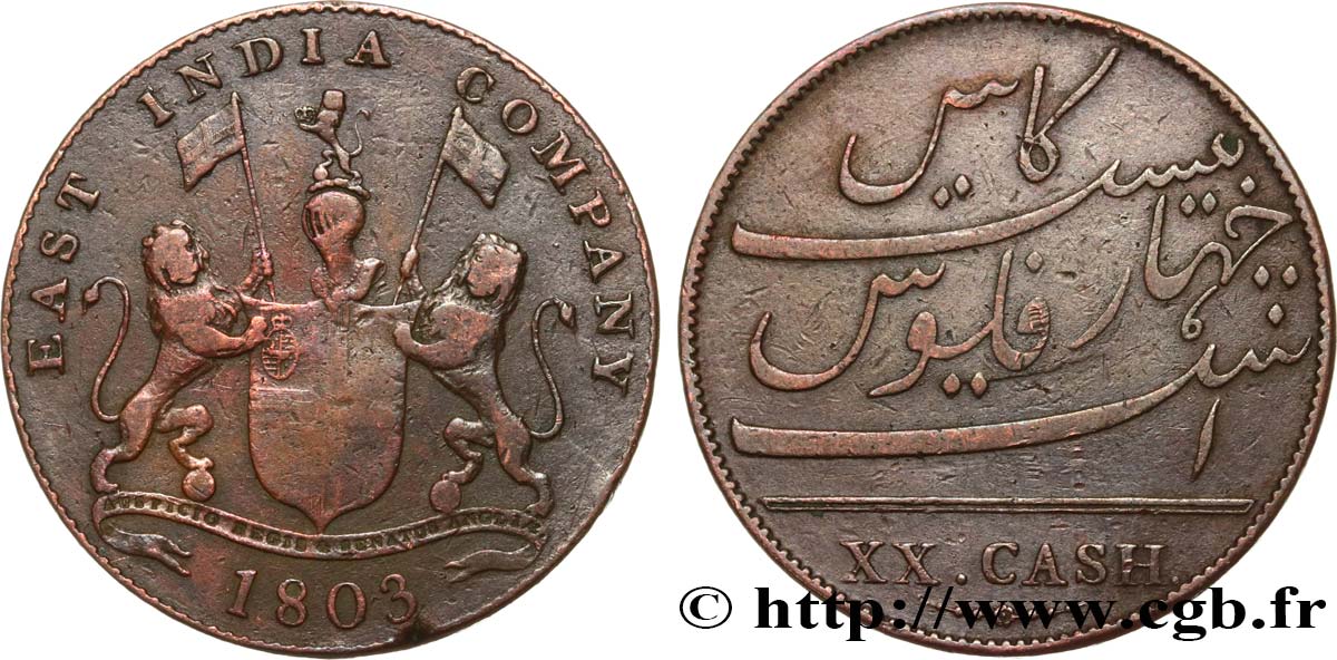ISOLA DE FRANCIA (MAURITIUS) XX (20) Cash East India Company 1803 Madras q.BB 