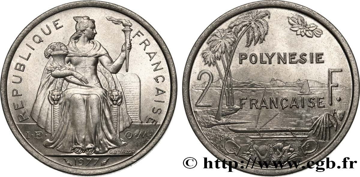 POLYNÉSIE FRANÇAISE 2 Francs I.E.O.M. Polynésie Française 1977 Paris SPL 