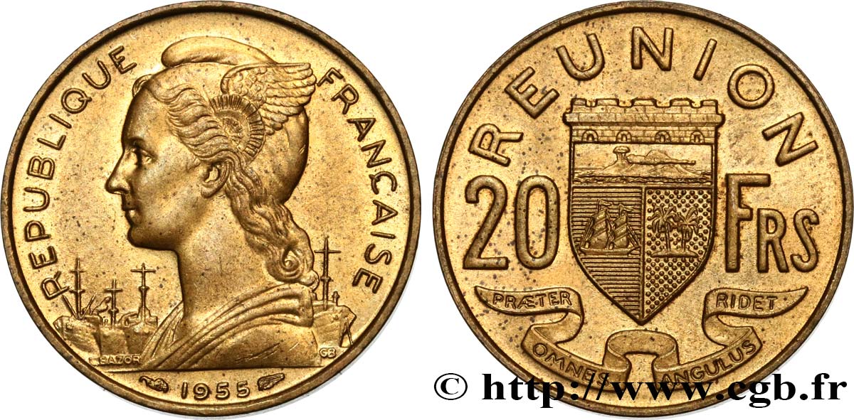 REUNION ISLAND 20 Francs 1955 Paris AU 