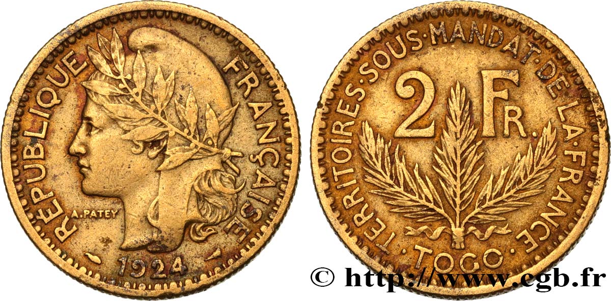 TOGO - Territorios sobre mandato frances 2 Francs 1924 Paris BC+ 