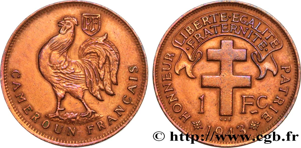 CAMEROUN - TERRITOIRES SOUS MANDAT FRANÇAIS 1 Franc ‘Cameroun Français’ 1943 Prétoria TTB+ 
