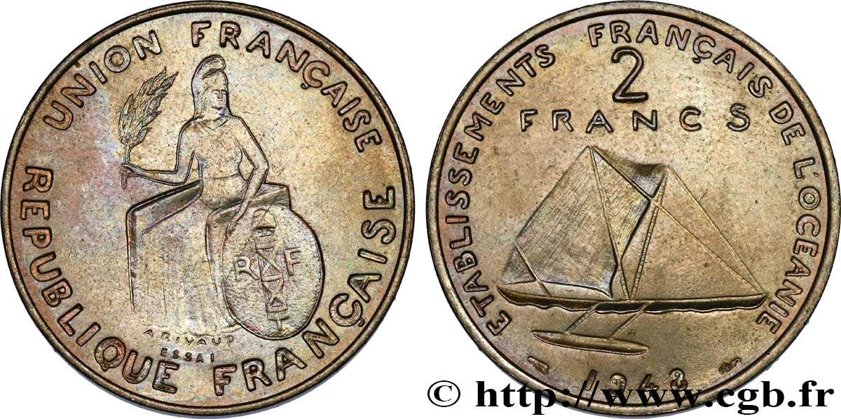 FRENCH POLYNESIA - Oceania Francesa Essai de 2 Francs avec listel en relief 1948 Paris SC 
