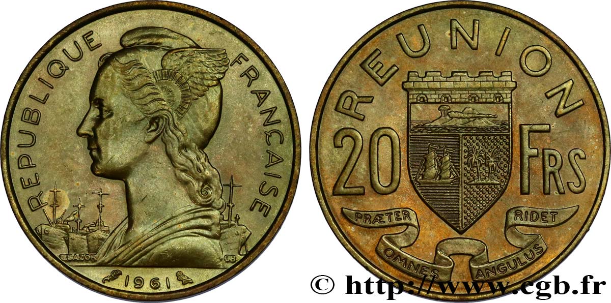 REUNION ISLAND 20 Francs Marianne / armes 1961 Paris MS 