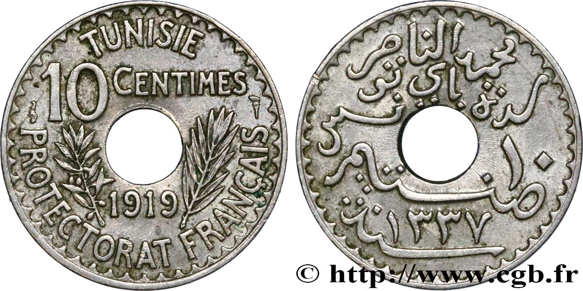 TUNEZ - Protectorado Frances 10 Centimes AH 1337 1919 Paris MBC 