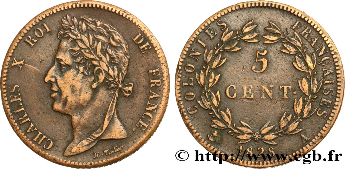 COLONIES FRANÇAISES - Charles X, pour la Guyane 5 Centimes Charles X 1828 Paris - A TTB 