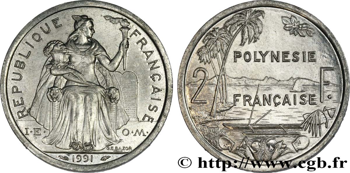 FRENCH POLYNESIA 2 Francs I.E.O.M. Polynésie Française 1991 Paris MS 