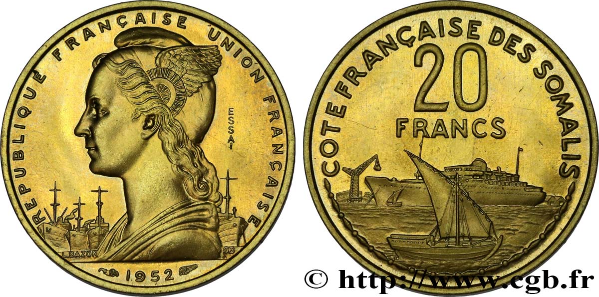 CÔTE FRANÇAISE DES SOMALIS Essai de 20 Francs 1952 Paris SPL 