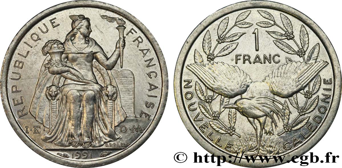 NEW CALEDONIA 1 Franc I.E.O.M. représentation allégorique de Minerve / Kagu, oiseau de Nouvelle-Calédonie 1991 Paris MS 