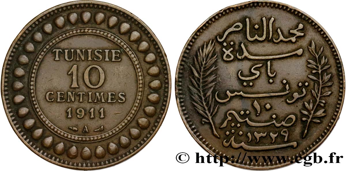 TUNISIA - French protectorate 10 Centimes AH1329 1911 Paris XF 