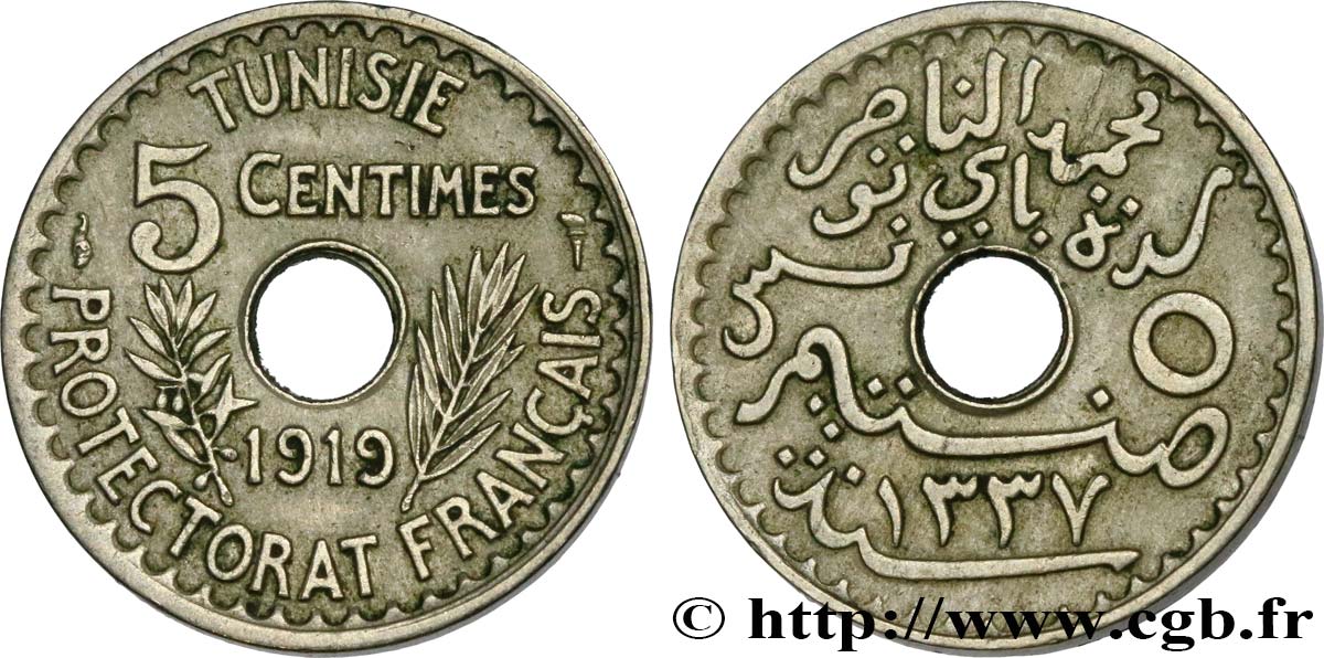 TUNEZ - Protectorado Frances 5 Centimes AH 1337 1919 Paris MBC 