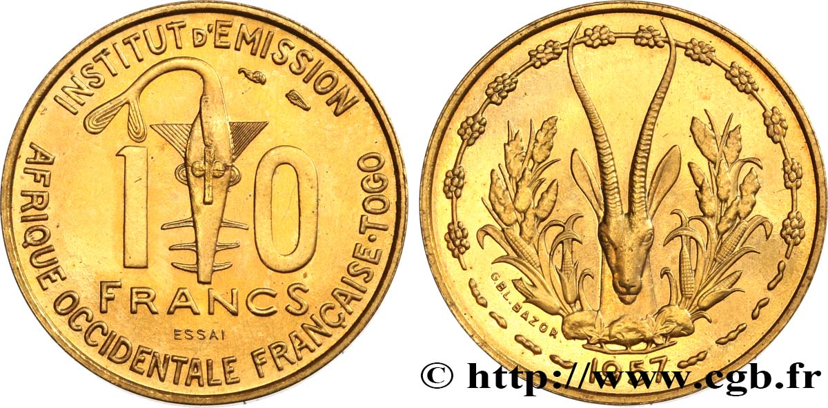 FRANZÖSISCHE WESTAFRIKA - TOGO 10 Francs Essai 1957 Paris fST 