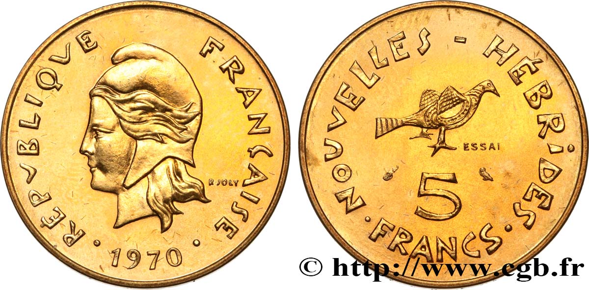 NUOVO EBRIDI (VANUATU dopo1980) 5 Francs ESSAI Marianne / oiseau 1970 Paris MS 