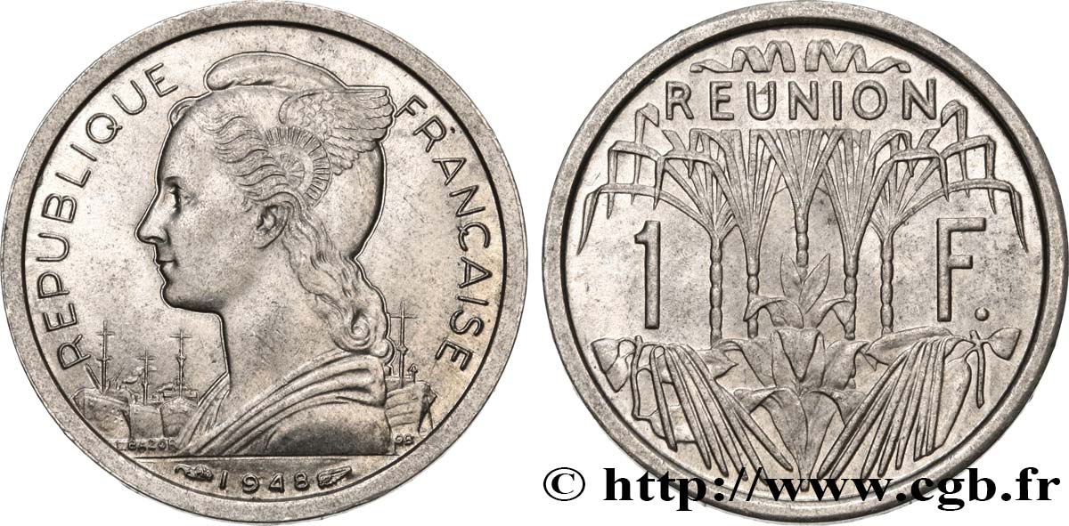 ISLA DE LA REUNIóN 1 Franc Marianne / canne à sucre 1948 Paris EBC 
