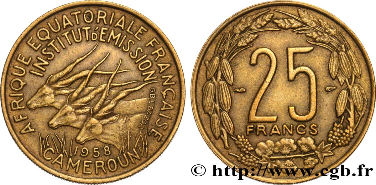 AFRICA EQUATORIALE FRANCESE - CAMERUN 25 Francs antilopes 1958 Paris BB 