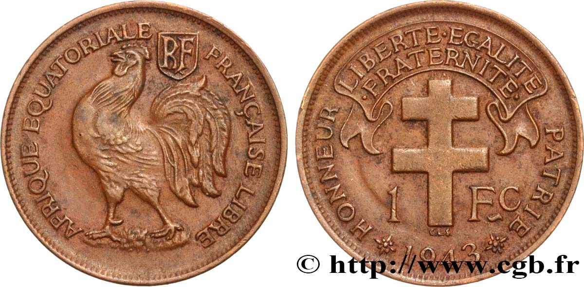 AFRIQUE ÉQUATORIALE FRANÇAISE - FRANCE LIBRE 1 Franc 1943 Prétoria TTB+ 