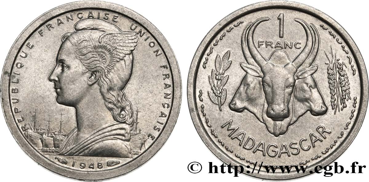 MADAGASCAR - Union française 1 Franc 1948 Paris SUP 