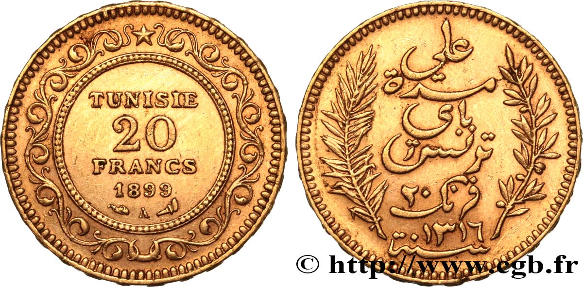 TUNISIA - French protectorate 20 Francs or Bey Ali AH 1317 1899 Paris XF 