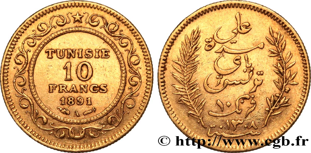 TUNEZ - Protectorado Frances 10 Francs or Bey Ali AH 1308 1891 Paris MBC 