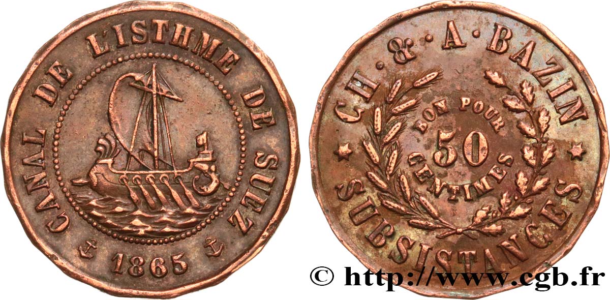 ÄGYPTEN - SUESKANAL Bon pour 50 Centimes CH. &. A. BAZIN 1865  SS 
