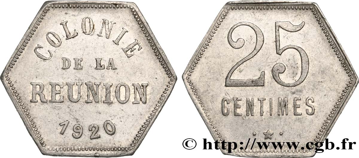 ÎLE DE LA RÉUNION - Troisième République 25 Centimes  1920  TTB+ 