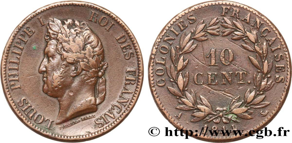 COLONIAS FRANCESAS - Louis-Philippe, para las Islas Marquesas 10 Centimes 1844 Paris MBC 