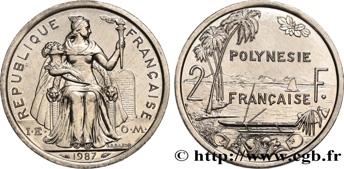 FRANZÖSISCHE-POLYNESIEN 2 Francs I.E.O.M. Polynésie Française 1987 Paris fST 