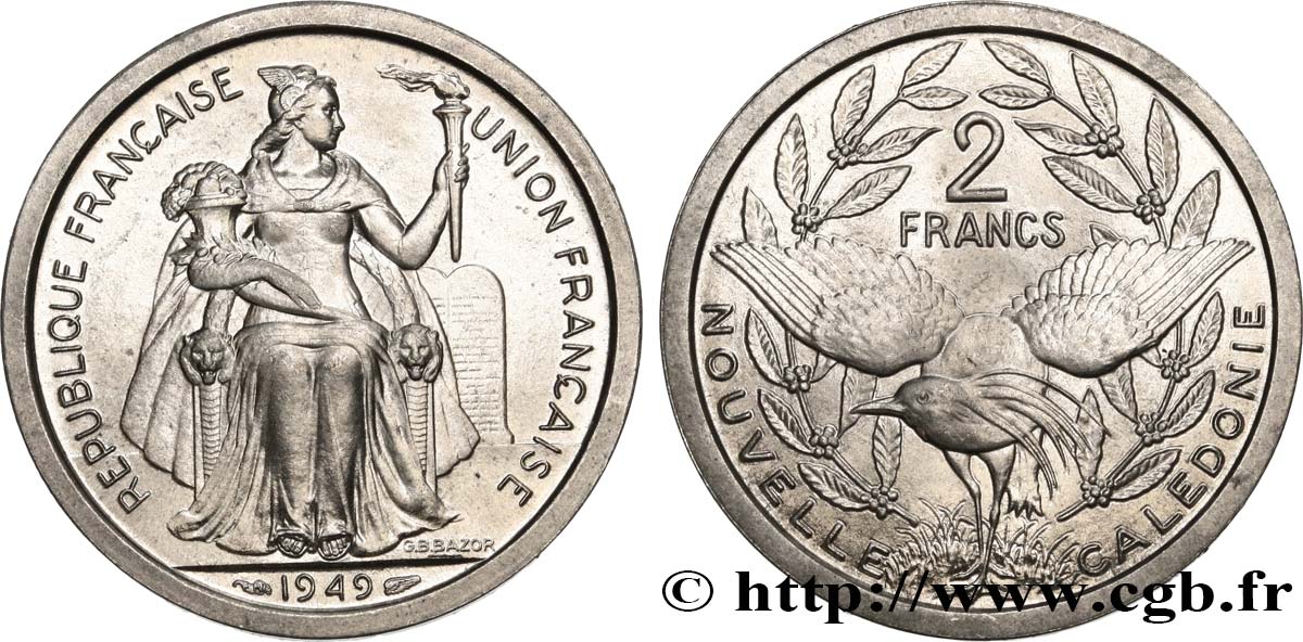 NOUVELLE CALÉDONIE 2 Francs Union Française 1949 Paris SPL 