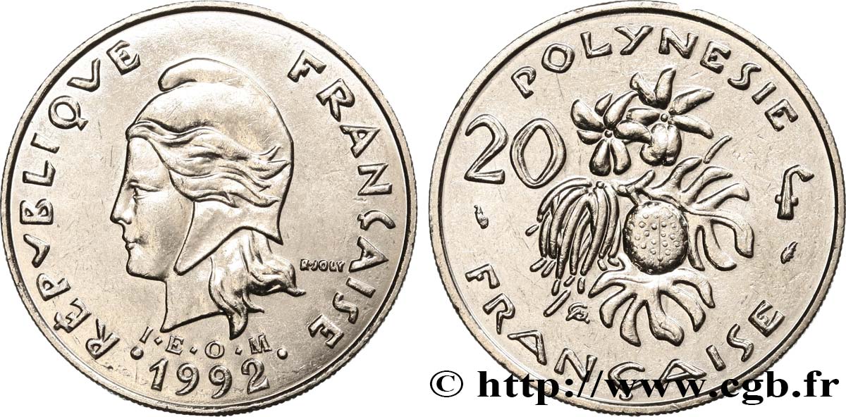 FRENCH POLYNESIA 20 Francs I.E.O.M Marianne  1992 Paris AU 