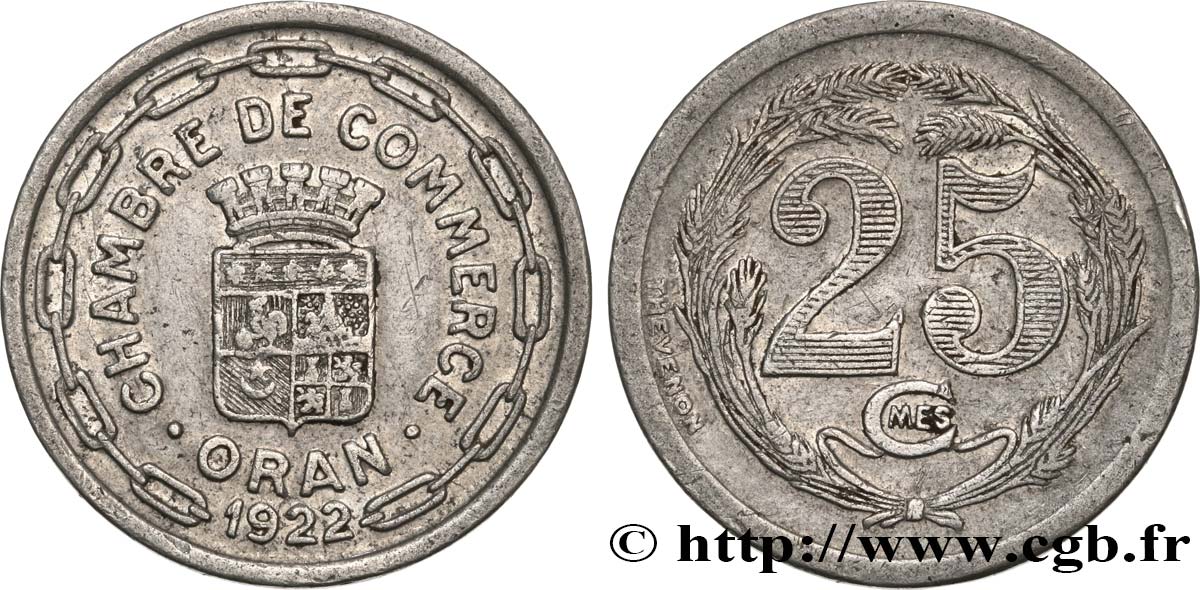 ALGERIA 25 Centimes Chambre de Commerce d’Oran 1922  XF 