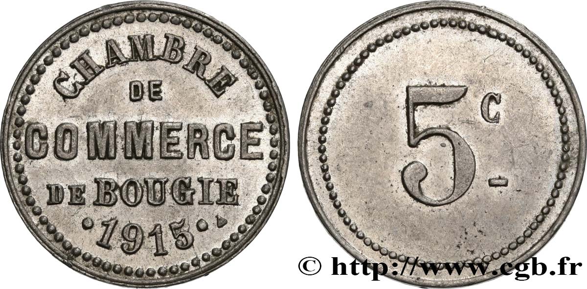ALGÉRIE 5 Centimes Chambre de Commerce de Bougie 1915  SUP 