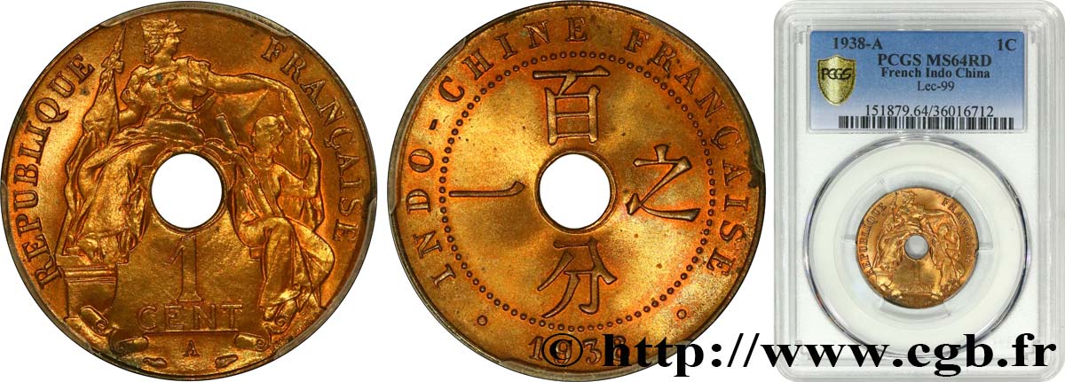 INDOCINA FRANCESE 1 Centième 1938 Paris MS64 PCGS