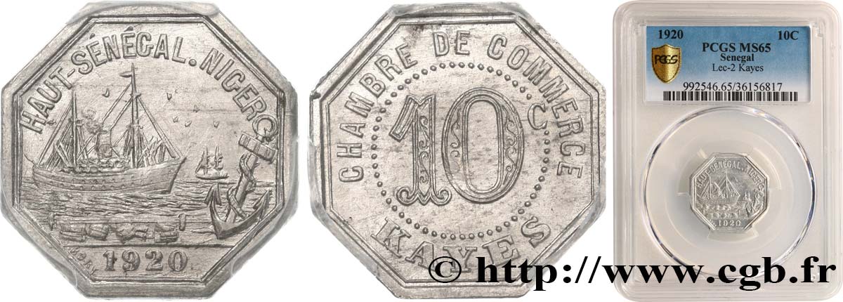 FRENCH AFRICA - SENEGAL 10 Centimes Chambre de Commerce Kayès 1920  MS65 PCGS