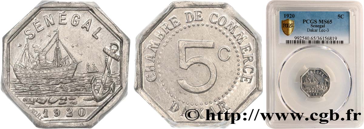 AFRIQUE FRANÇAISE - SÉNÉGAL 5 Centimes Chambre de Commerce Dakar 1920  MS65 PCGS
