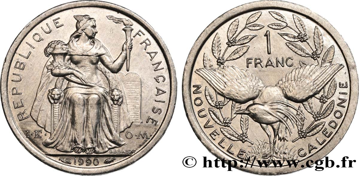 NUOVA CALEDONIA 1 Franc I.E.O.M. représentation allégorique de Minerve / Kagu, oiseau de Nouvelle-Calédonie 1990 Paris MS 
