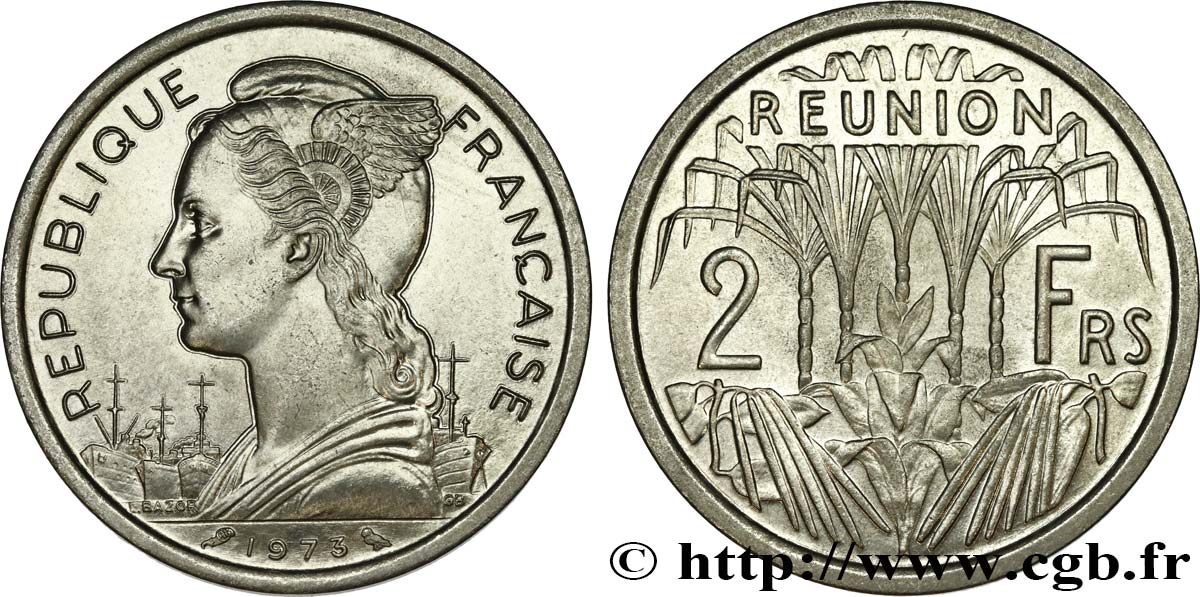 REUNION ISLAND 2 Francs Marianne / canne à sucre 1973 Paris MS 