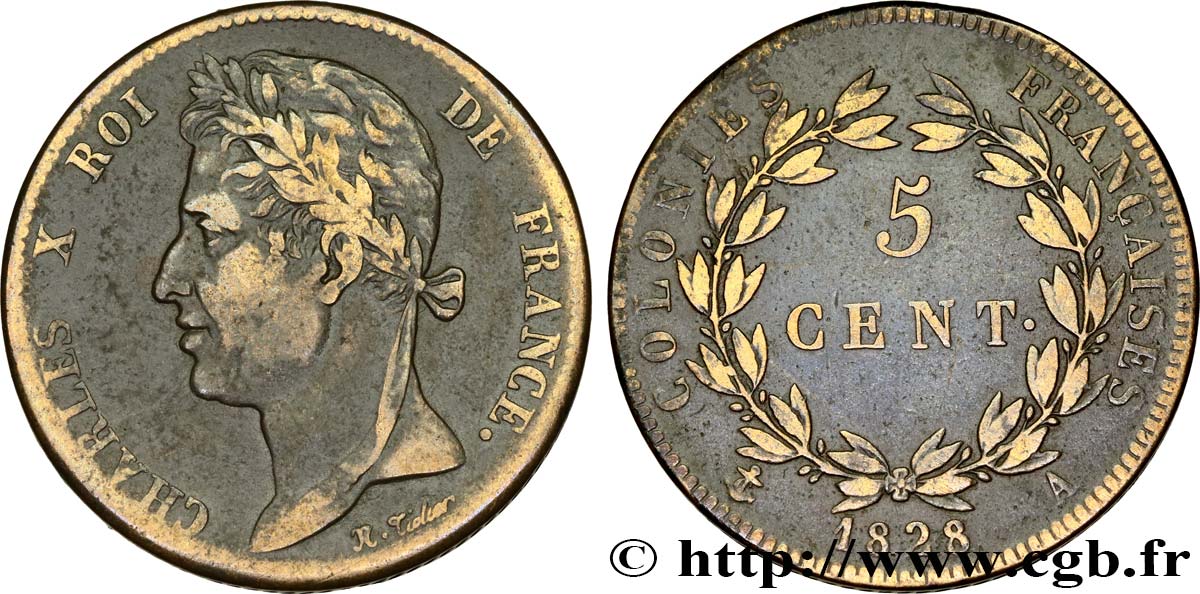 COLONIES FRANÇAISES - Charles X, pour la Guyane 5 Centimes Charles X 1828 Paris - A TB+ 