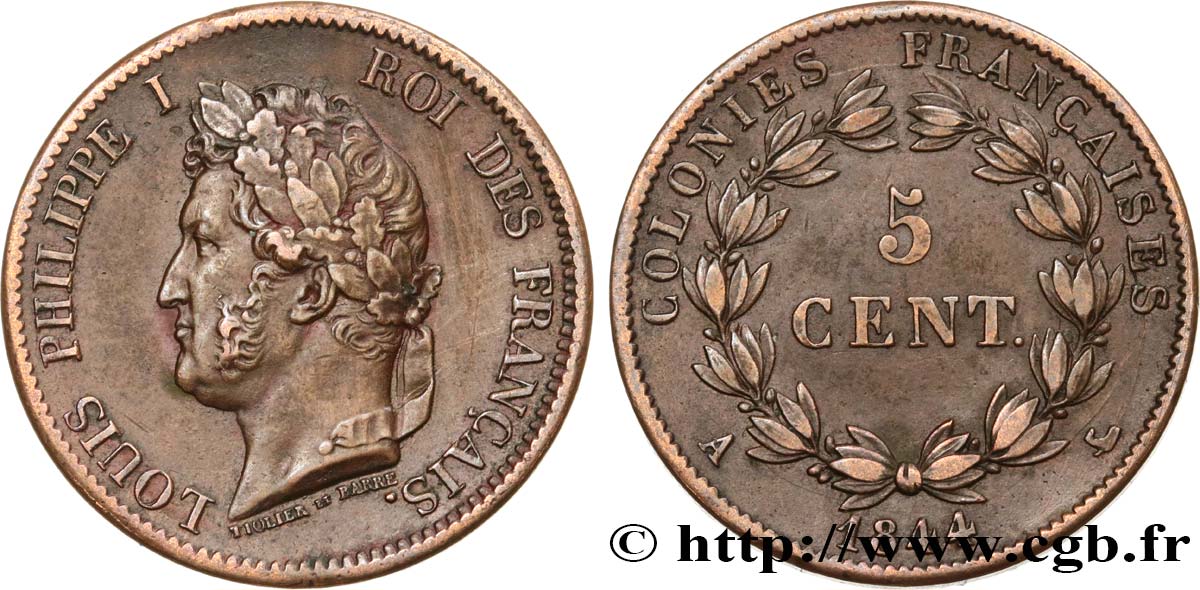 COLONIAS FRANCESAS - Louis-Philippe, para las Islas Marquesas 5 Centimes 1844 Paris MBC 