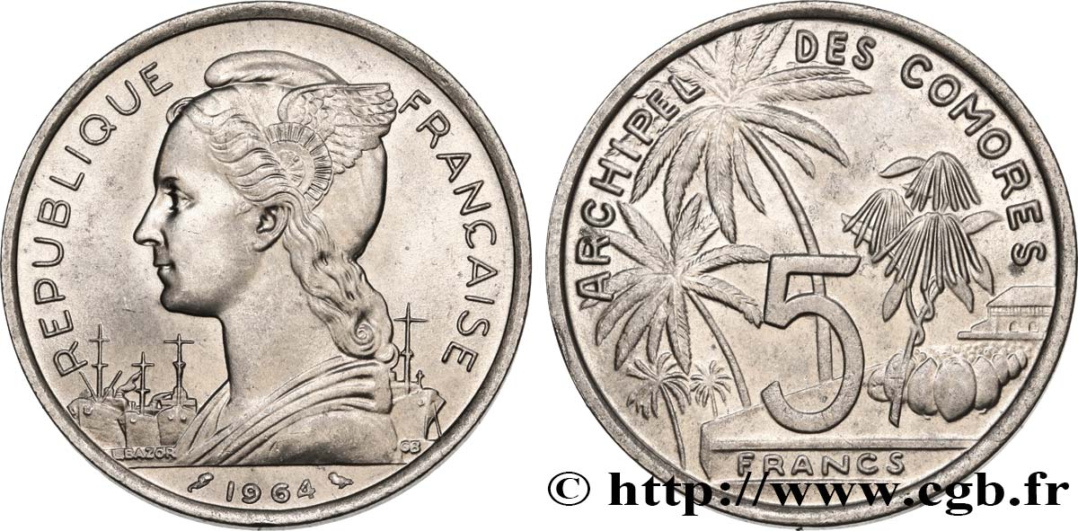 COMOROS  5 Francs 1964 Paris MS 