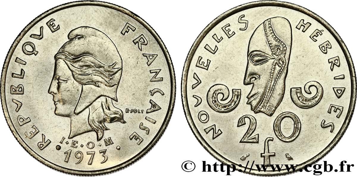 NEUE HEBRIDEN (VANUATU ab 1980) 20 Francs Marianne / masque 1973 Paris fST 
